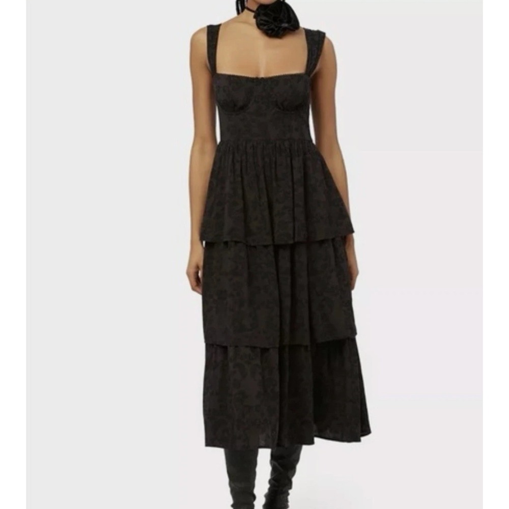 WeWoreWhat Corset Tiered Midi Dress Black Baroque